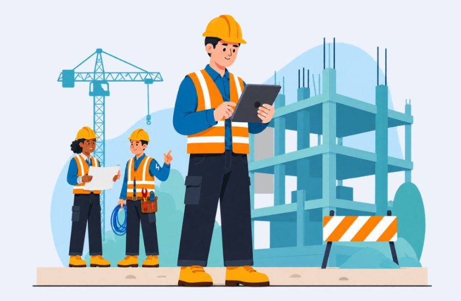 Illustration of construction workers on a jobsite, one reviewing benefits information on a tablet