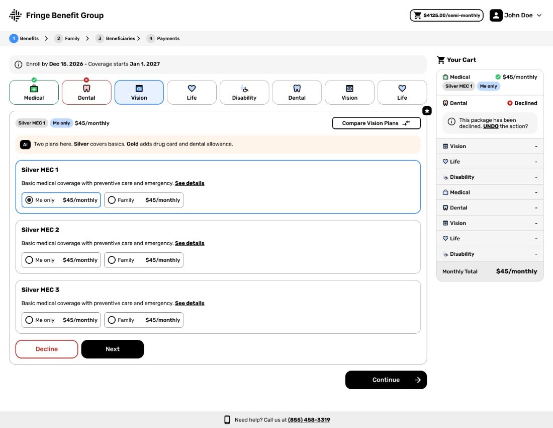 Employee enrollment portal showing benefit selections, plan options and a running cart with the monthly total.
